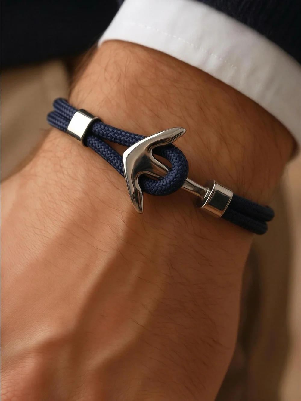 Navy Rope Anchor Bracelet with Silver Tone Hardware
